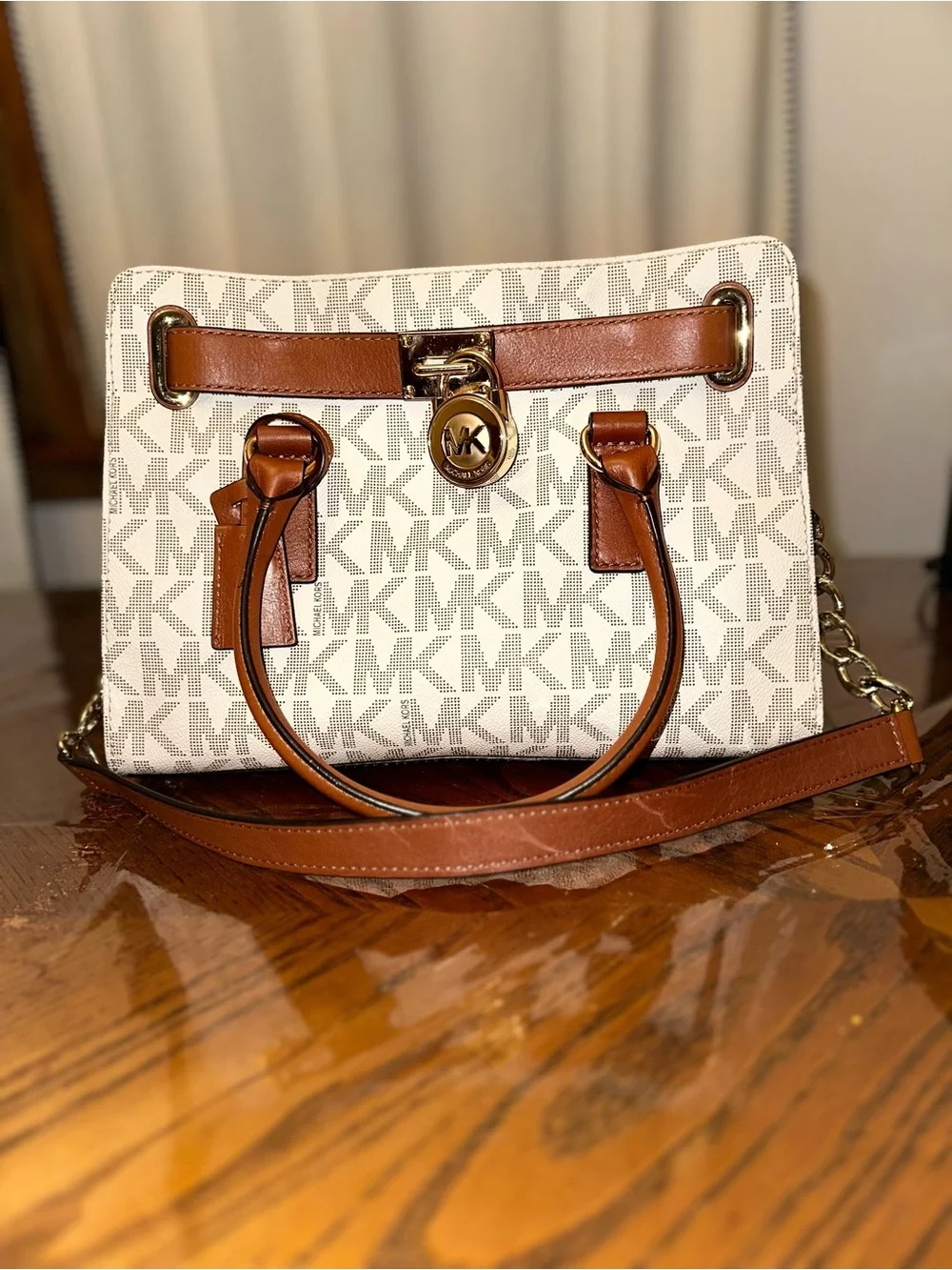 Michael Kors Cream Logo Satchel with Brown Leather Trim and Gold Hardware